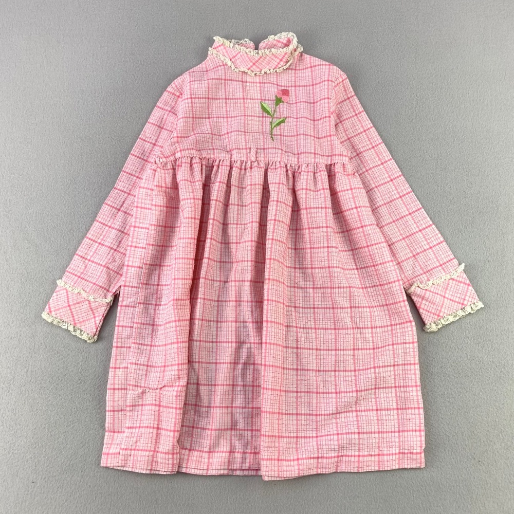 VTG Sears Winnie the Pooh Dress Girls 6x Pink Plaid Lace Rose